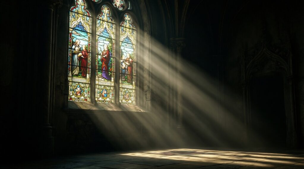 Католический собор изнутри: нефы, капеллы, алтарь, витражи и орган - иллюстрация