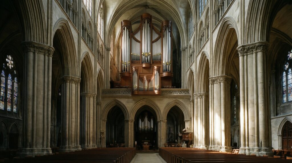 Католический собор изнутри: нефы, капеллы, алтарь, витражи и орган - иллюстрация