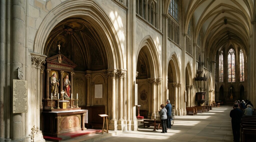 Католический собор изнутри: нефы, капеллы, алтарь, витражи и орган - иллюстрация